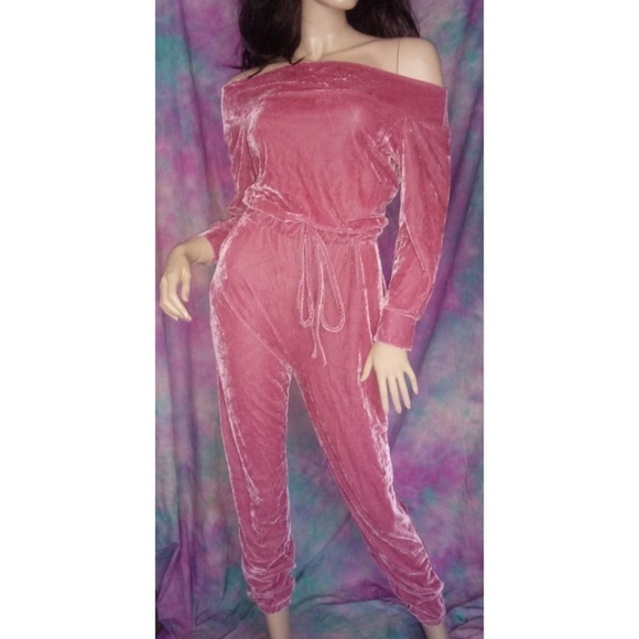 Pants - Dusty rose gold pink velvet off shoulder jumpsuit